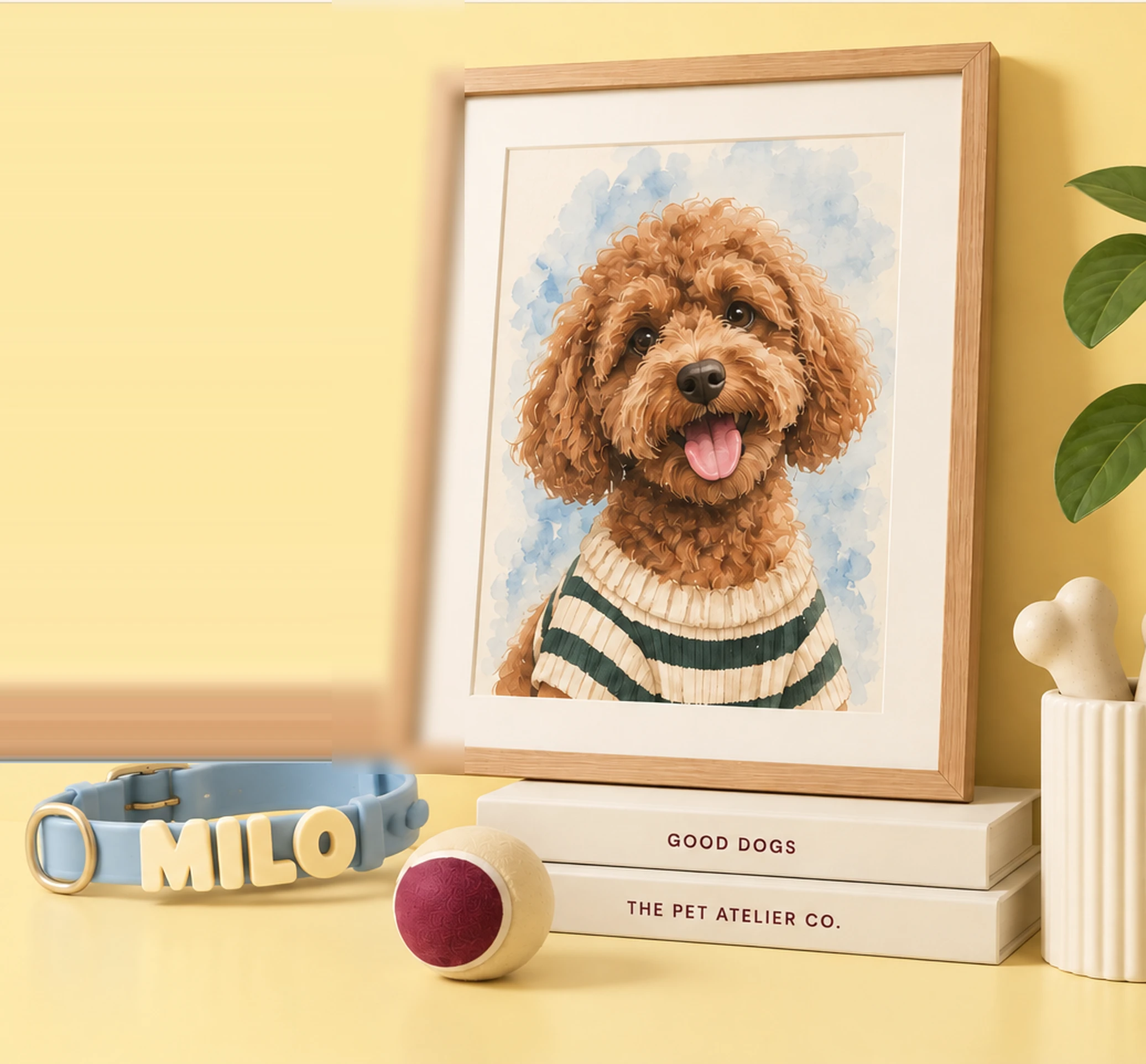 Retrato en acuarela de un caniche enmarcado junto a un collar azul personalizado con el nombre Milo
